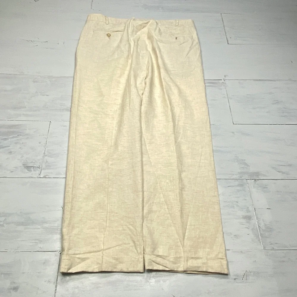 Dapper Classics Linen Trousers Mens 38 Beige Flat Front Cuffed Made in USA Pants